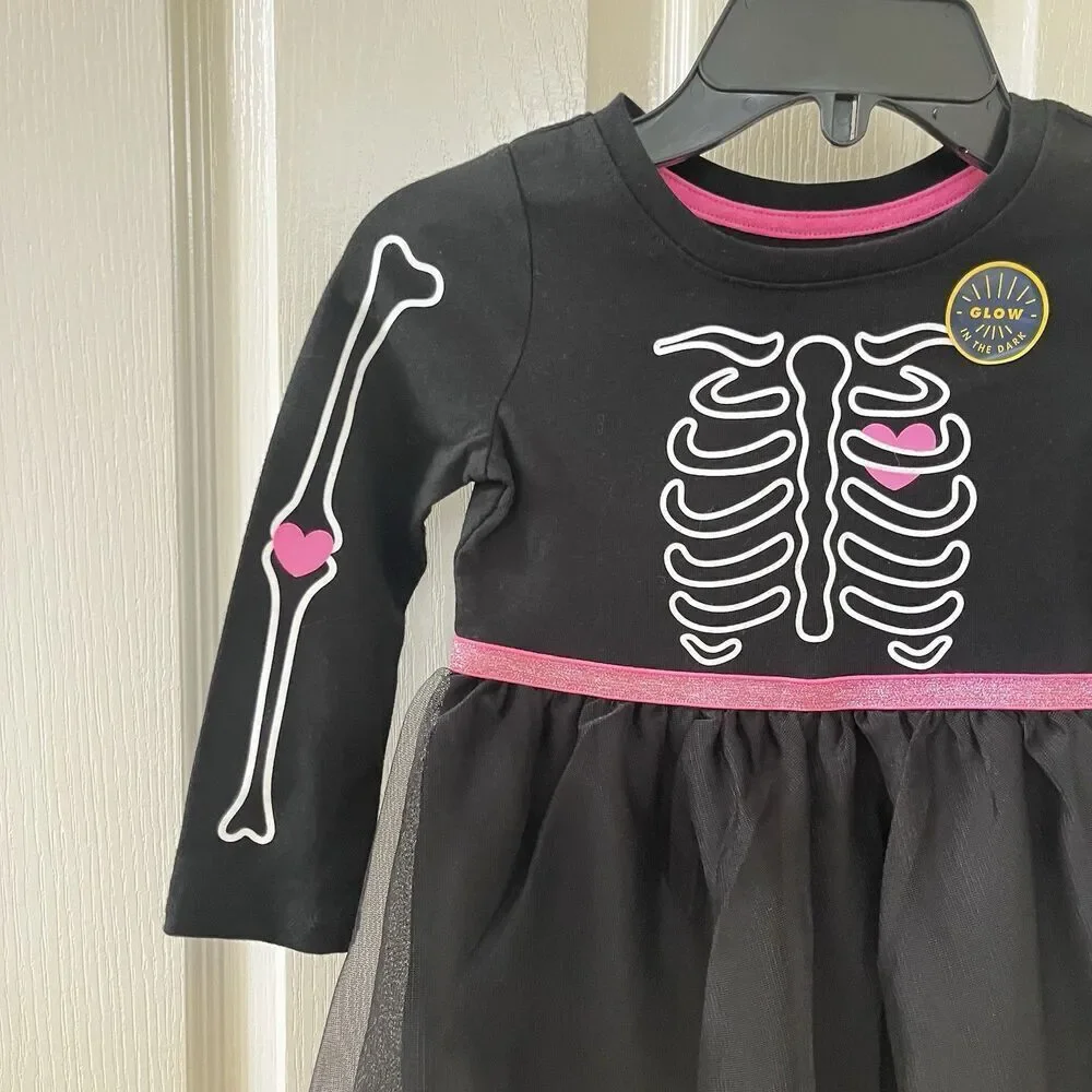 Cat & Jack Black Skeleton Halloween Tulle Dress Glows In The Dark Girls 3T NWT